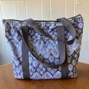 Lesportsac Zip-top Tote Bag (grey & white tapestry print)